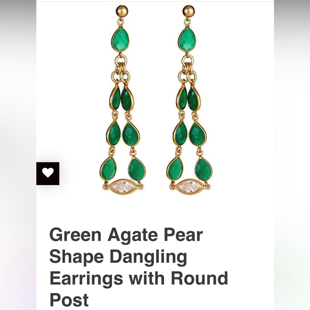 Green Agate Pear Drop Dangling Earrings - Gold Tone